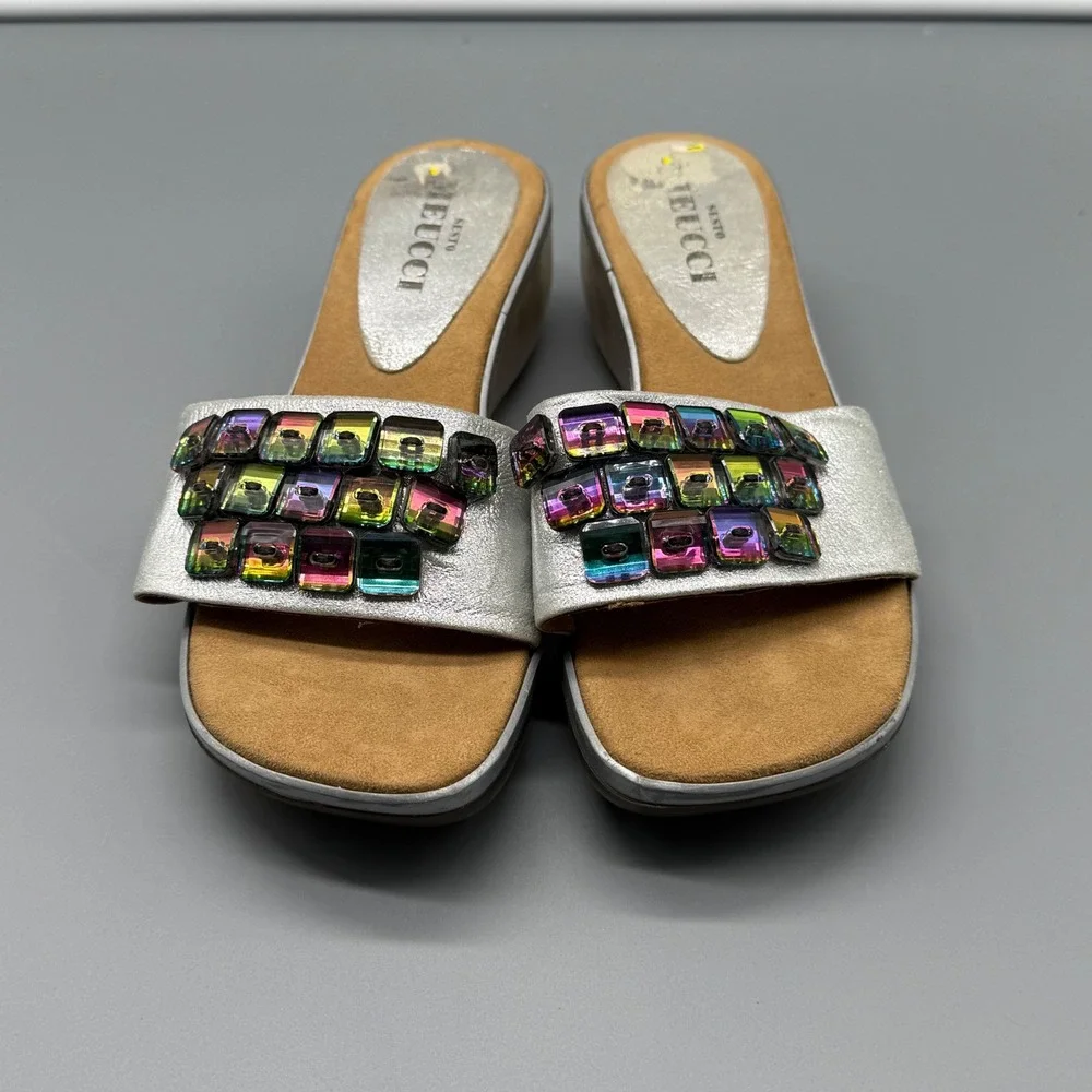 Y2K Sesto Meucci‎ Mens Silver Metallic Rainbow Gemstone Wedge Slide Sandals 6.5M